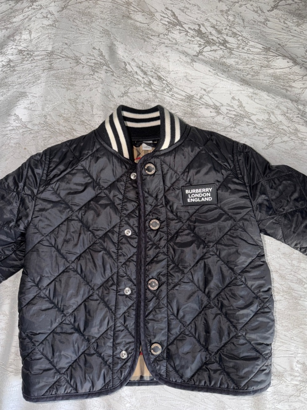 Burberry Black Quilted Bomber Jacket with Striped Rib Collar